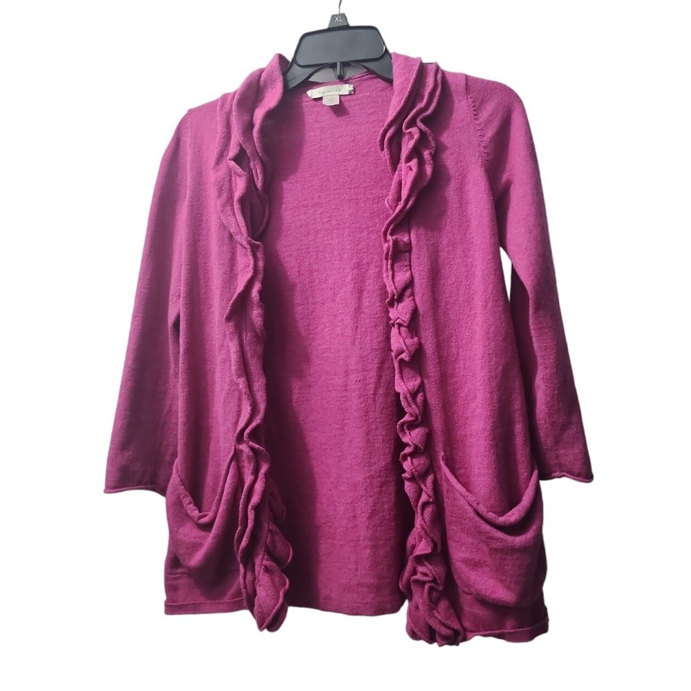 Garnet Hill Ruffle Open Front Cardigan Sweater‎ Pockets Raspberry Pink L